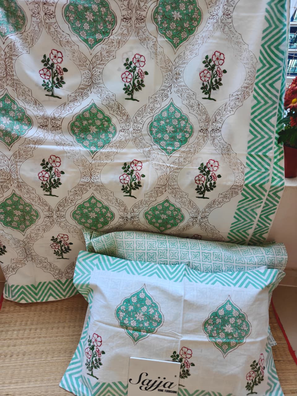 Vintage Hand block Green Pooklam Floral Cotton Double Bedsheet King 9 feet x 9 feet