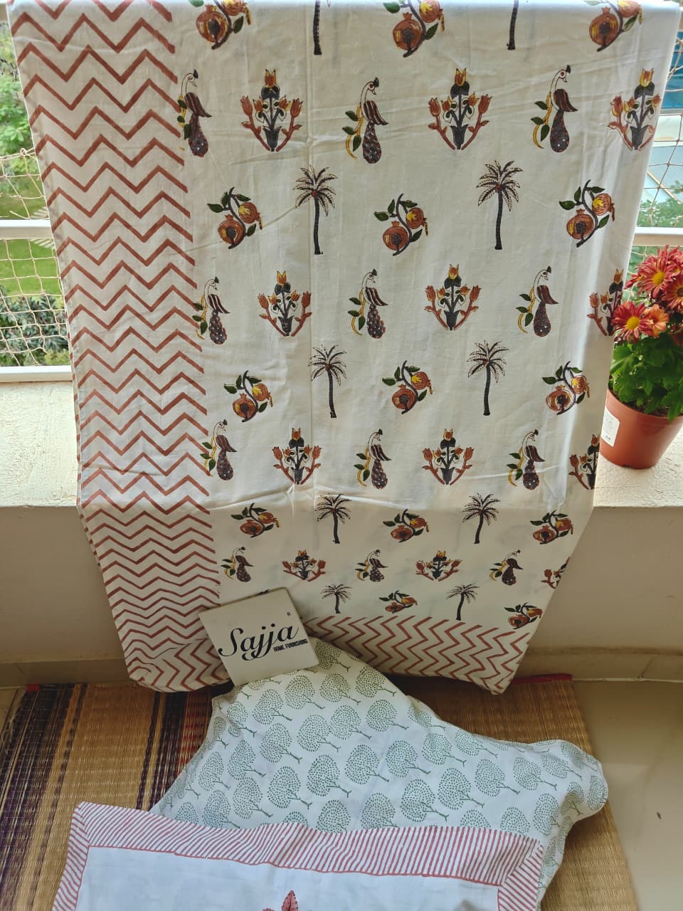 Hand Block Palm Floral Peacock King Cotton Bedsheets Online 108 inches x 108 inches