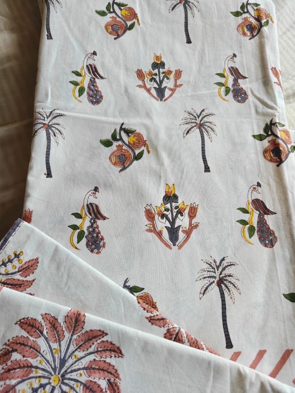 Hand Block Palm Floral Peacock King Cotton Bedsheets Online 108 inches x 108 inches