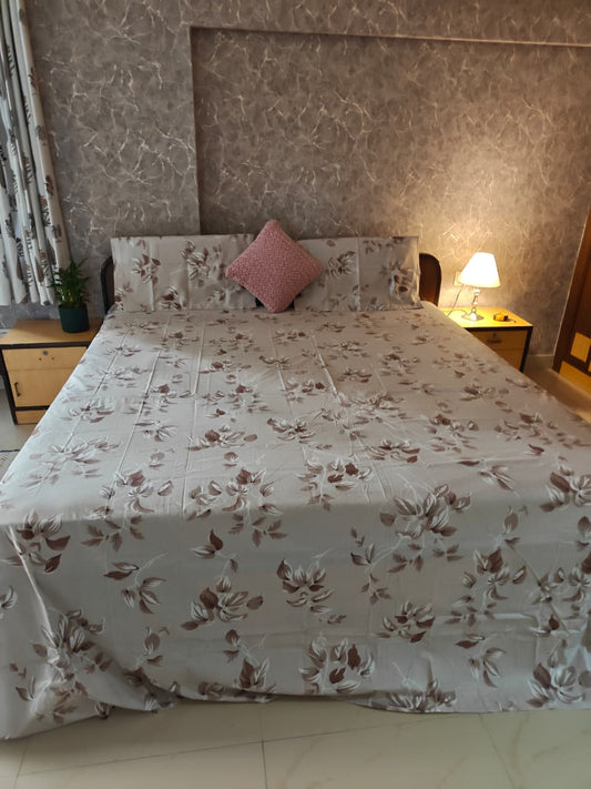 Premium Luxury Collection Cotton Light Brown Floral Double Bedsheet Super King 9f x 9f