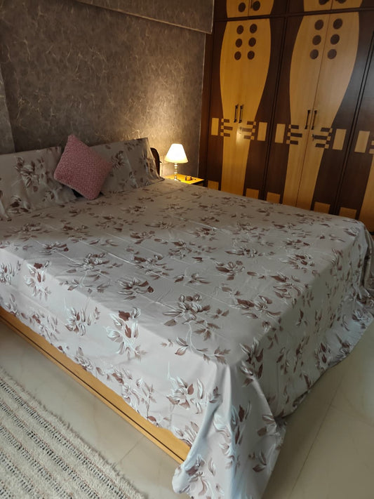 Premium Luxury Collection Cotton Light Brown Floral Double Bedsheet Super King 9f x 9f