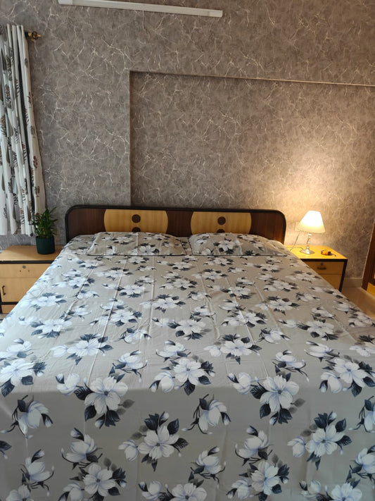 Premium Opulence Floral Grey Blue King Bedsheet 108 inches x 108 inches