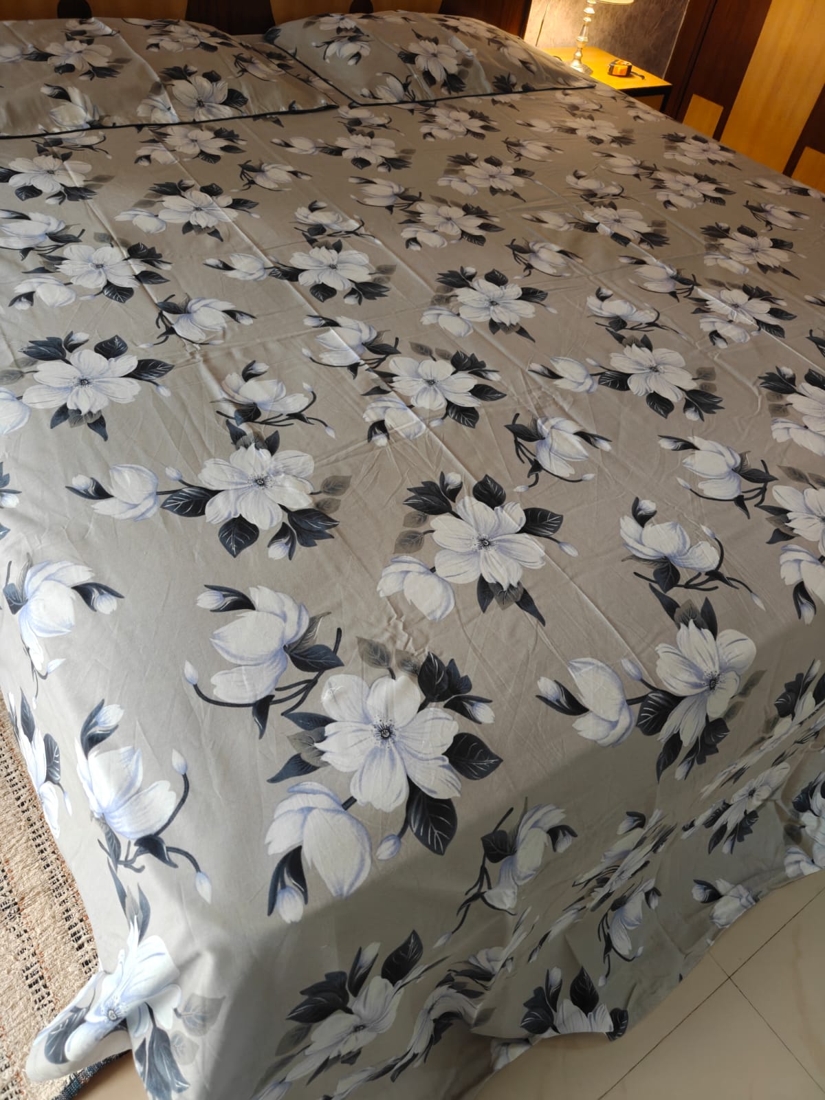 Premium Opulence Floral Grey Blue King Bedsheet 108 inches x 108 inches
