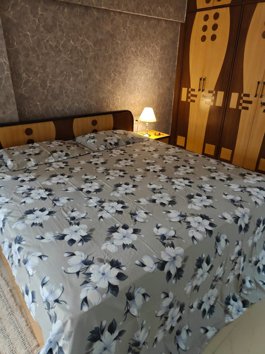 Premium Opulence Floral Grey Blue King Bedsheet 108 inches x 108 inches