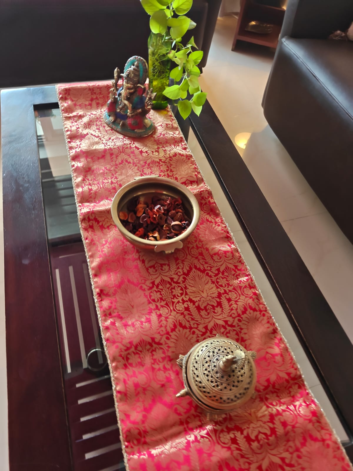 Real Banarasi Brocade Raw Dupion Silk Red Bandhej Table Runner | Luxury Table Décor by Sajja