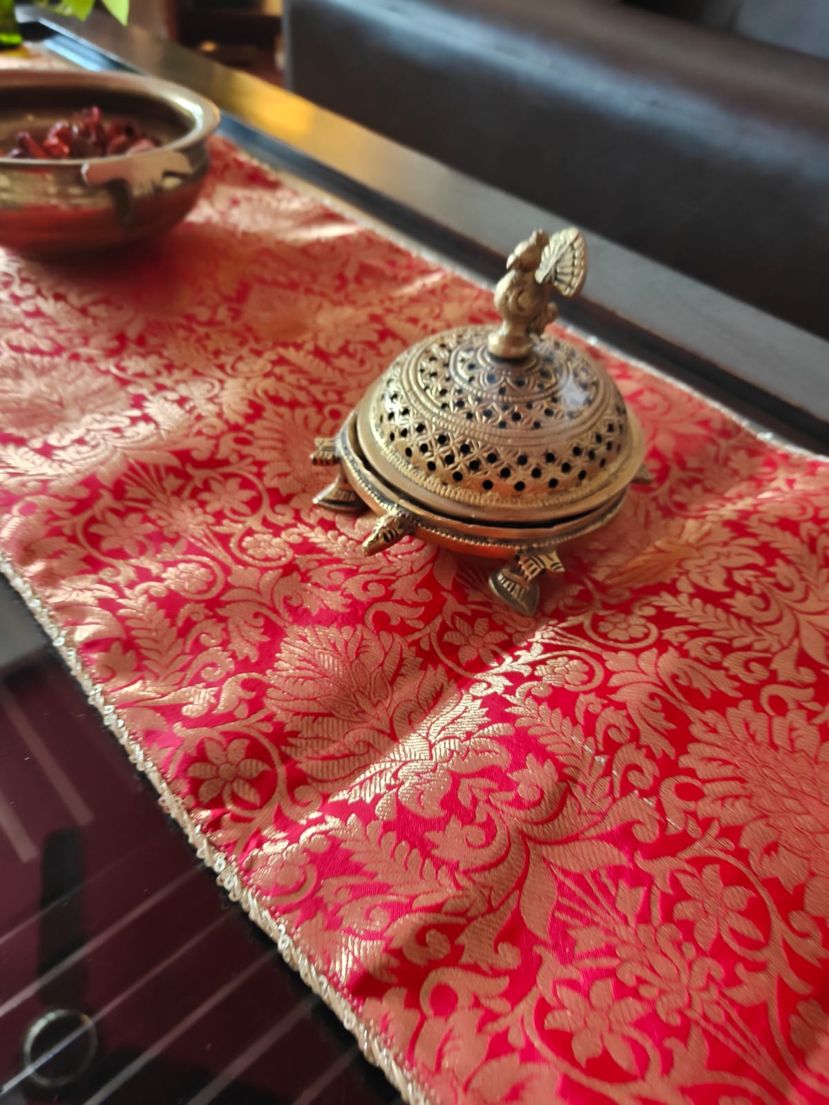 Real Banarasi Brocade Raw Dupion Silk Red Bandhej Table Runner | Luxury Table Décor by Sajja