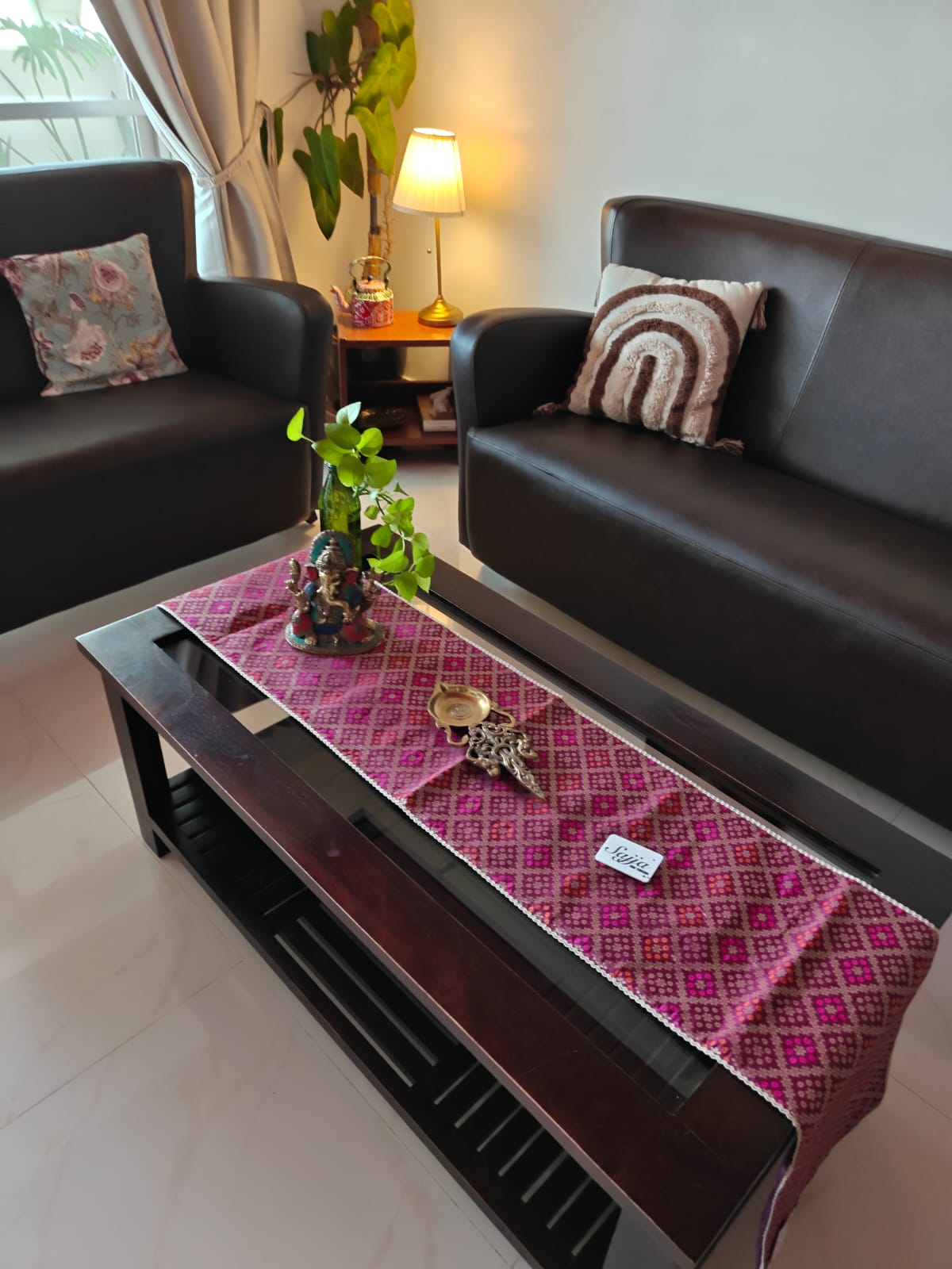 Real Banarasi Brocade Raw Dupion Silk Purple Bandhej Table Runner | Luxury Table Décor by Sajja