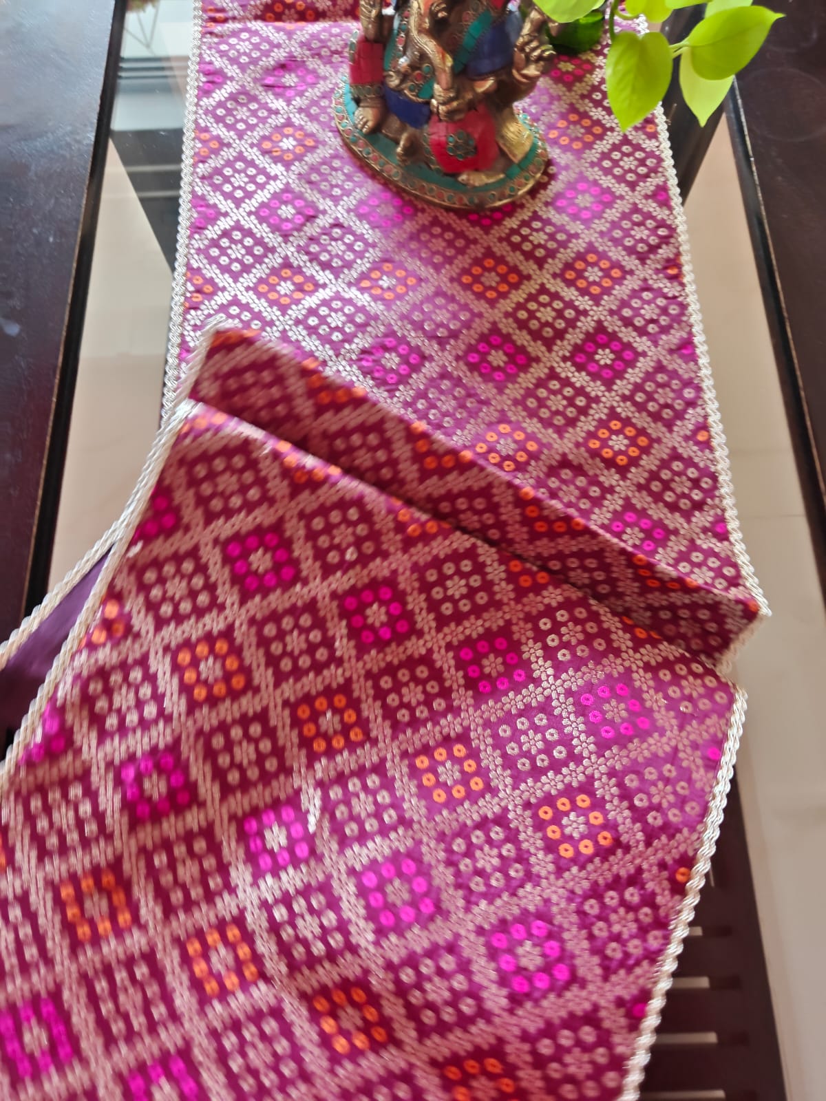 Real Banarasi Brocade Raw Dupion Silk Purple Bandhej Table Runner | Luxury Table Décor by Sajja