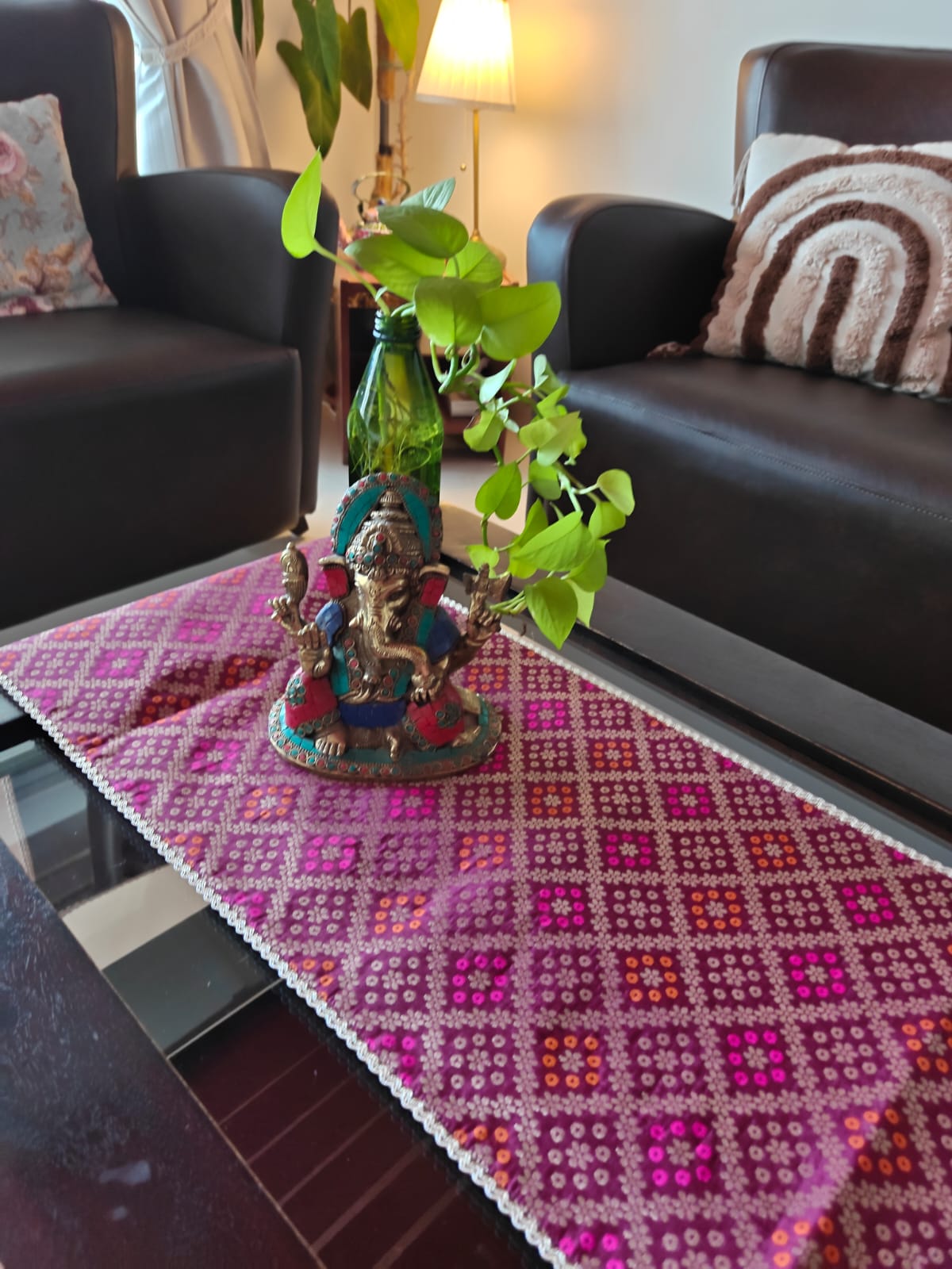 Real Banarasi Brocade Raw Dupion Silk Purple Bandhej Table Runner | Luxury Table Décor by Sajja