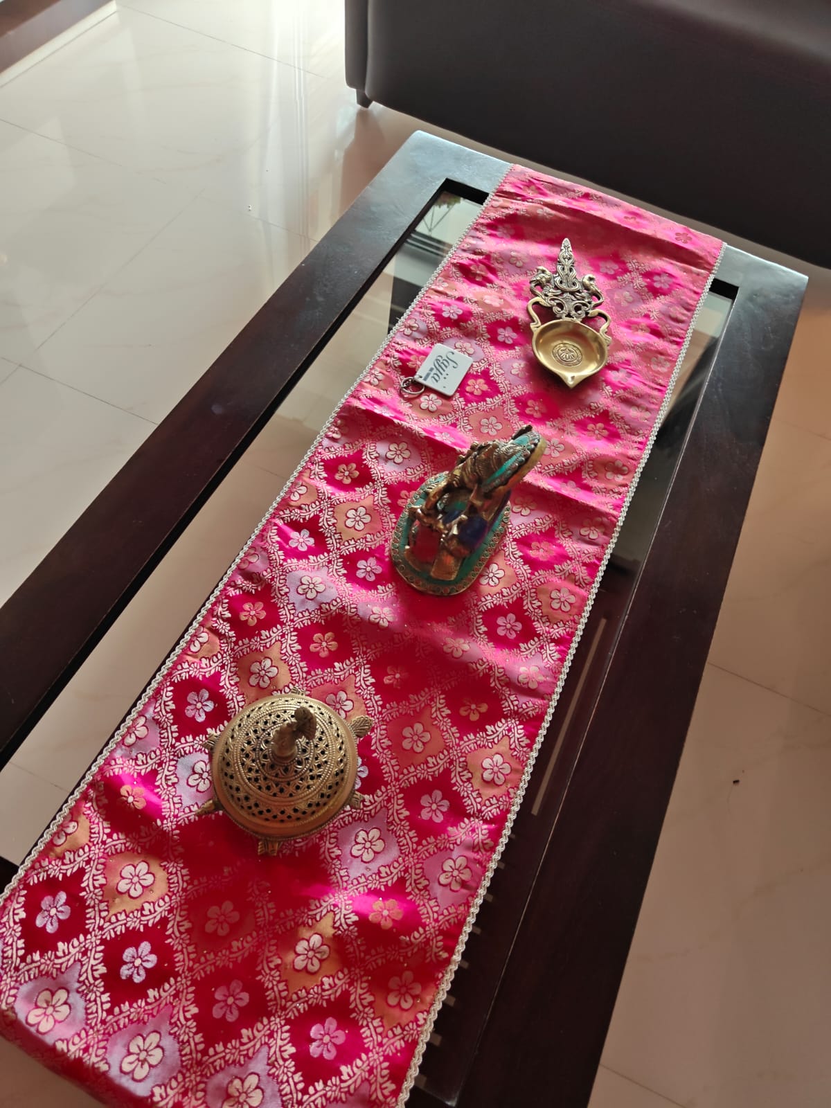 Real Banarasi Brocade Raw Dupion Silk Rani Pink Bandhej Table Runner | Luxury Table Décor by Sajja
