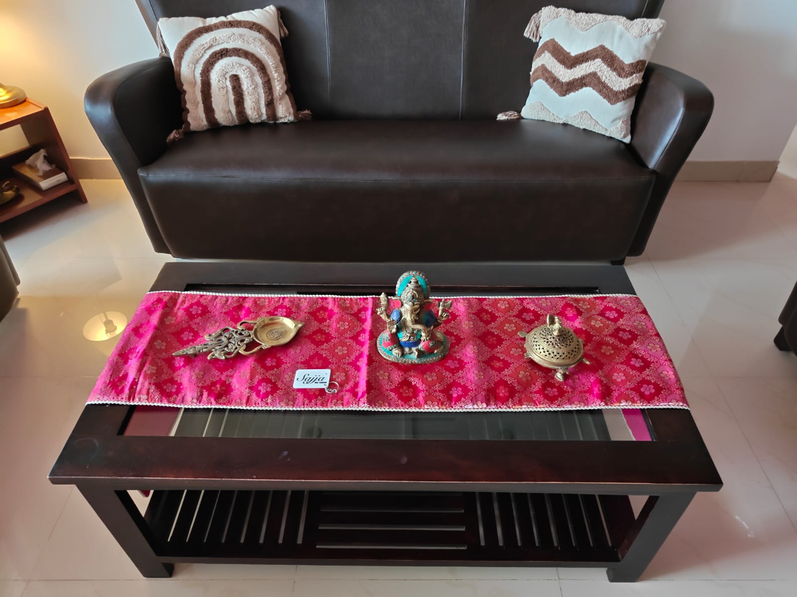 Real Banarasi Brocade Raw Dupion Silk Rani Pink Bandhej Table Runner | Luxury Table Décor by Sajja