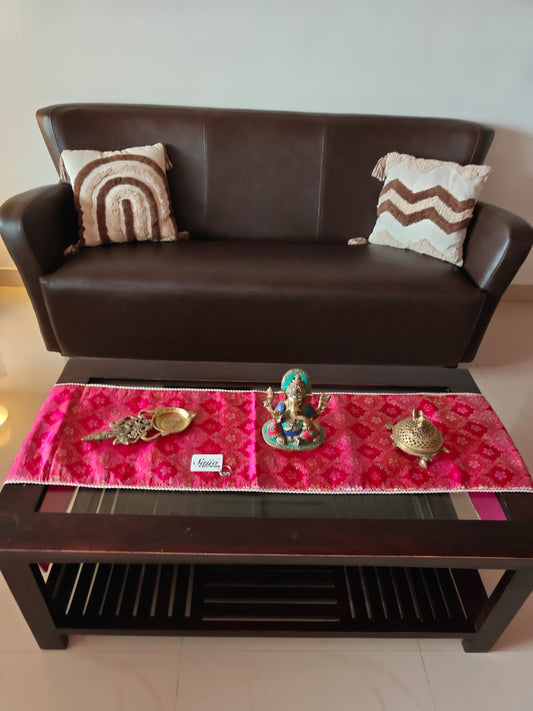 Real Banarasi Brocade Raw Dupion Silk Rani Pink Bandhej Table Runner | Luxury Table Décor by Sajja