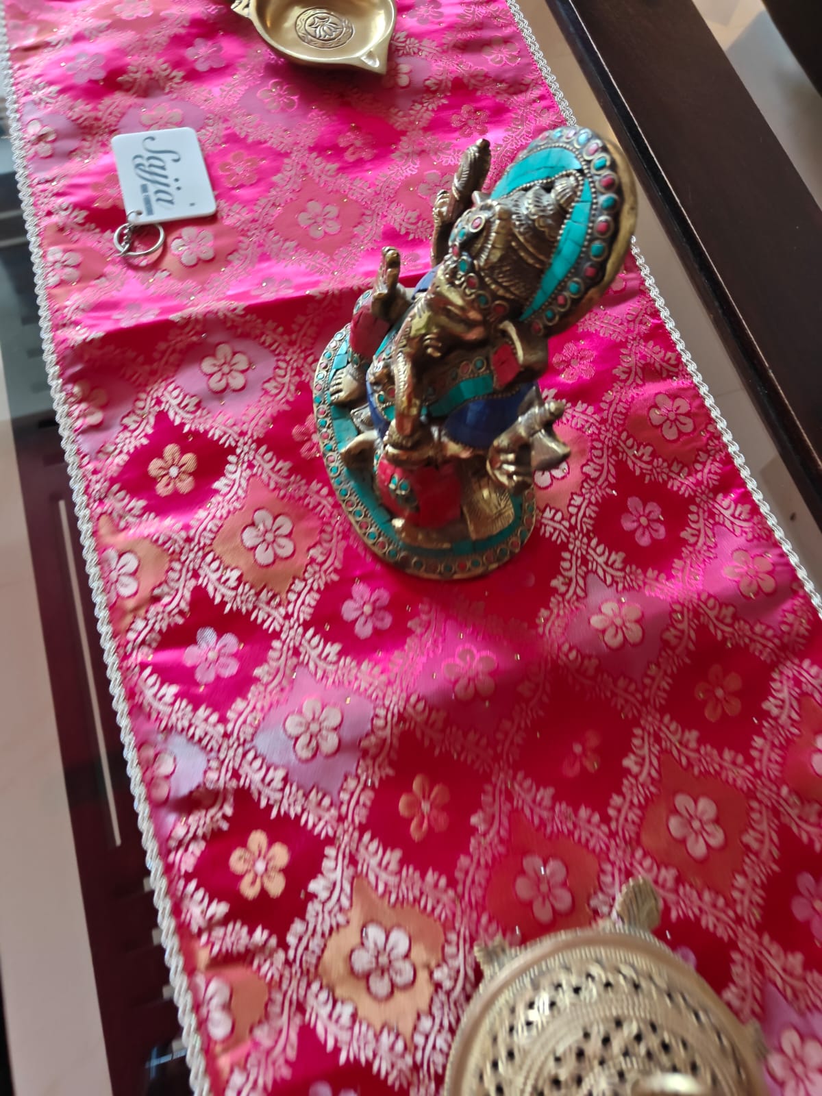 Real Banarasi Brocade Raw Dupion Silk Rani Pink Bandhej Table Runner | Luxury Table Décor by Sajja