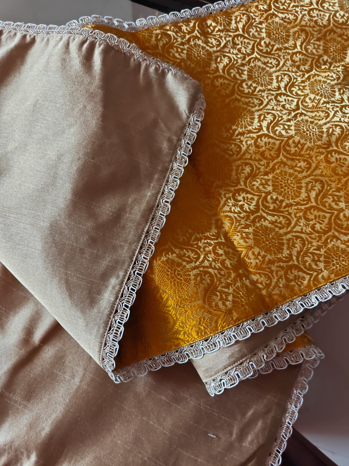 Real Banarasi Brocade Raw Dupion Silk Yellow Bandhej Table Runner | Luxury Table Décor by Sajja