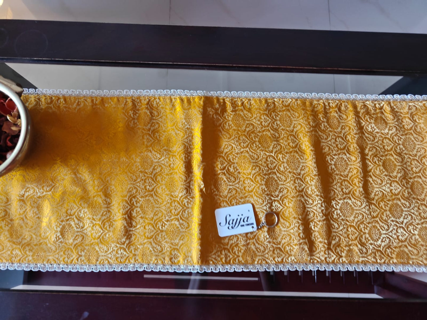 Real Banarasi Brocade Raw Dupion Silk Yellow Bandhej Table Runner | Luxury Table Décor by Sajja