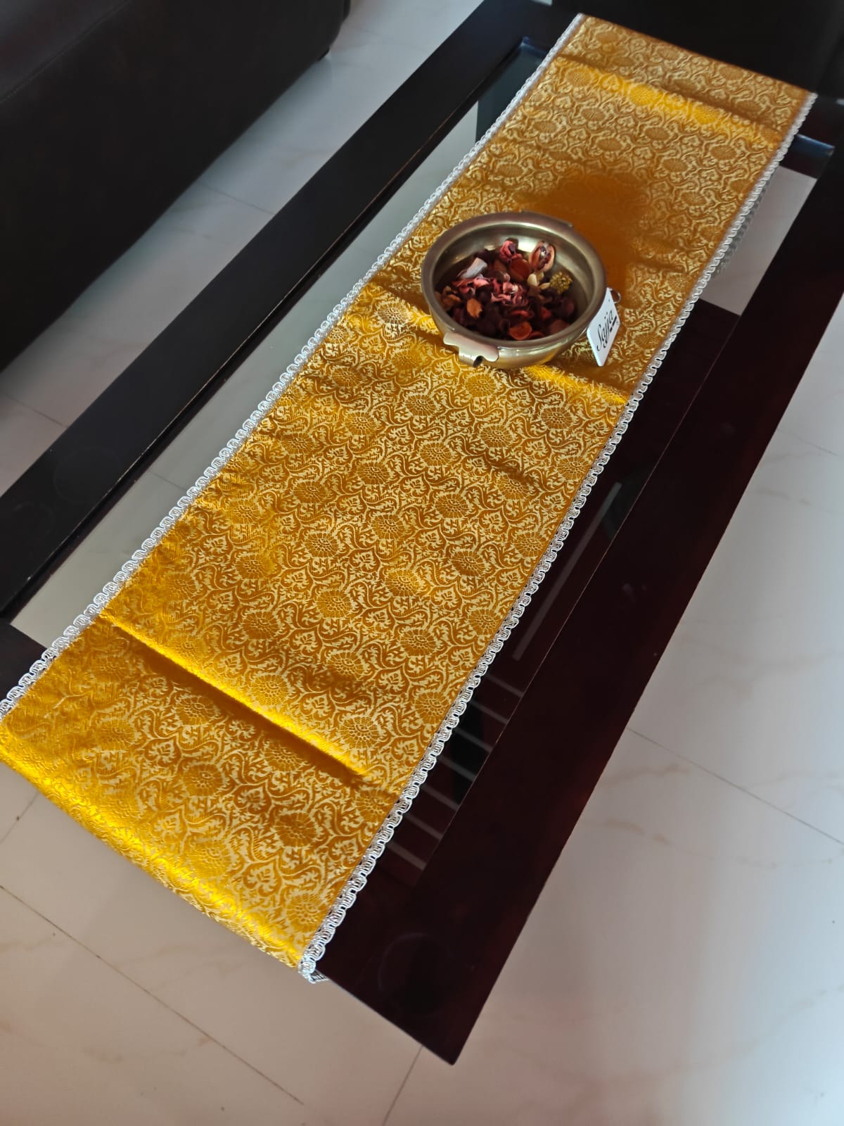 Real Banarasi Brocade Raw Dupion Silk Yellow Bandhej Table Runner | Luxury Table Décor by Sajja