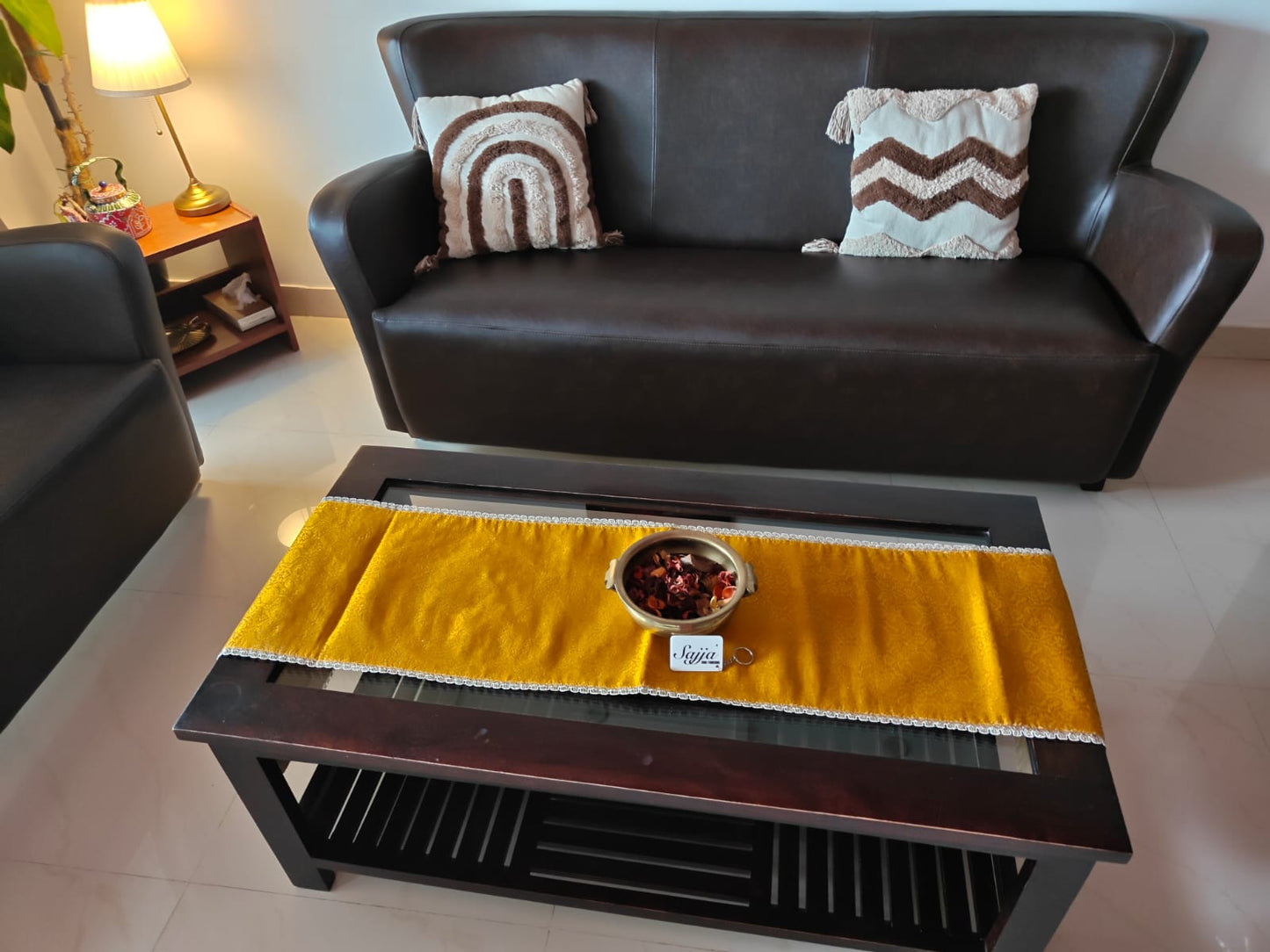 Real Banarasi Brocade Raw Dupion Silk Yellow Bandhej Table Runner | Luxury Table Décor by Sajja