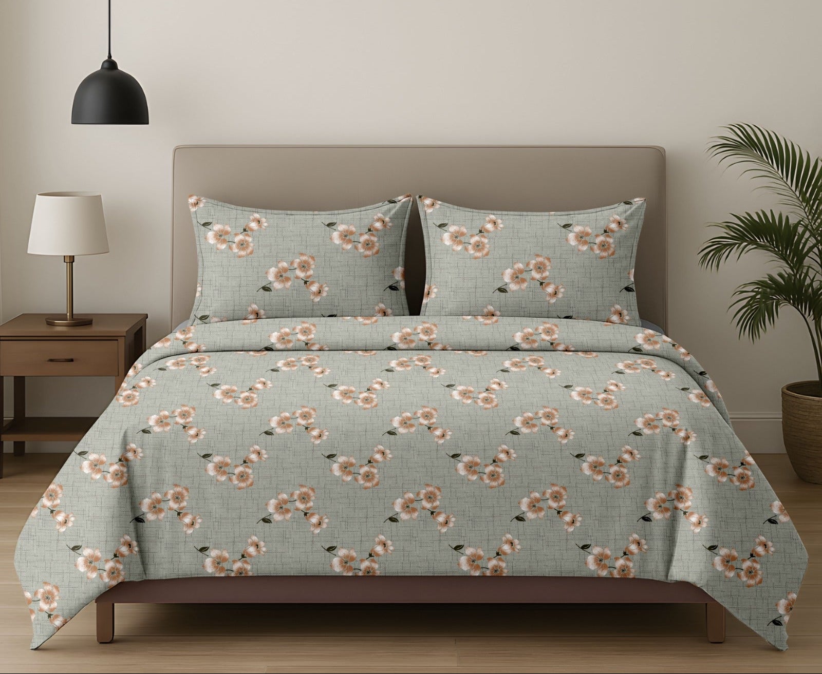 Chic Earthy Grey with Beige Brown Floral Work Double Bedsheet Queen