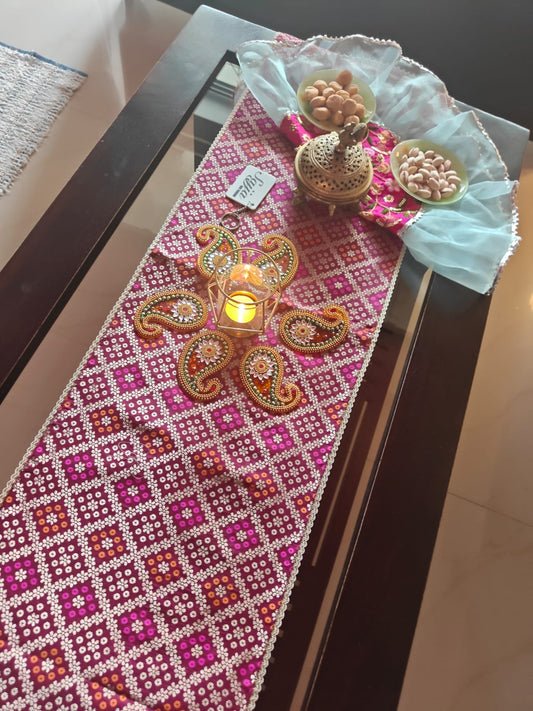 Real Banarasi Brocade Raw Dupion Silk Purple Bandhej Table Runner | Luxury Table Décor by Sajja