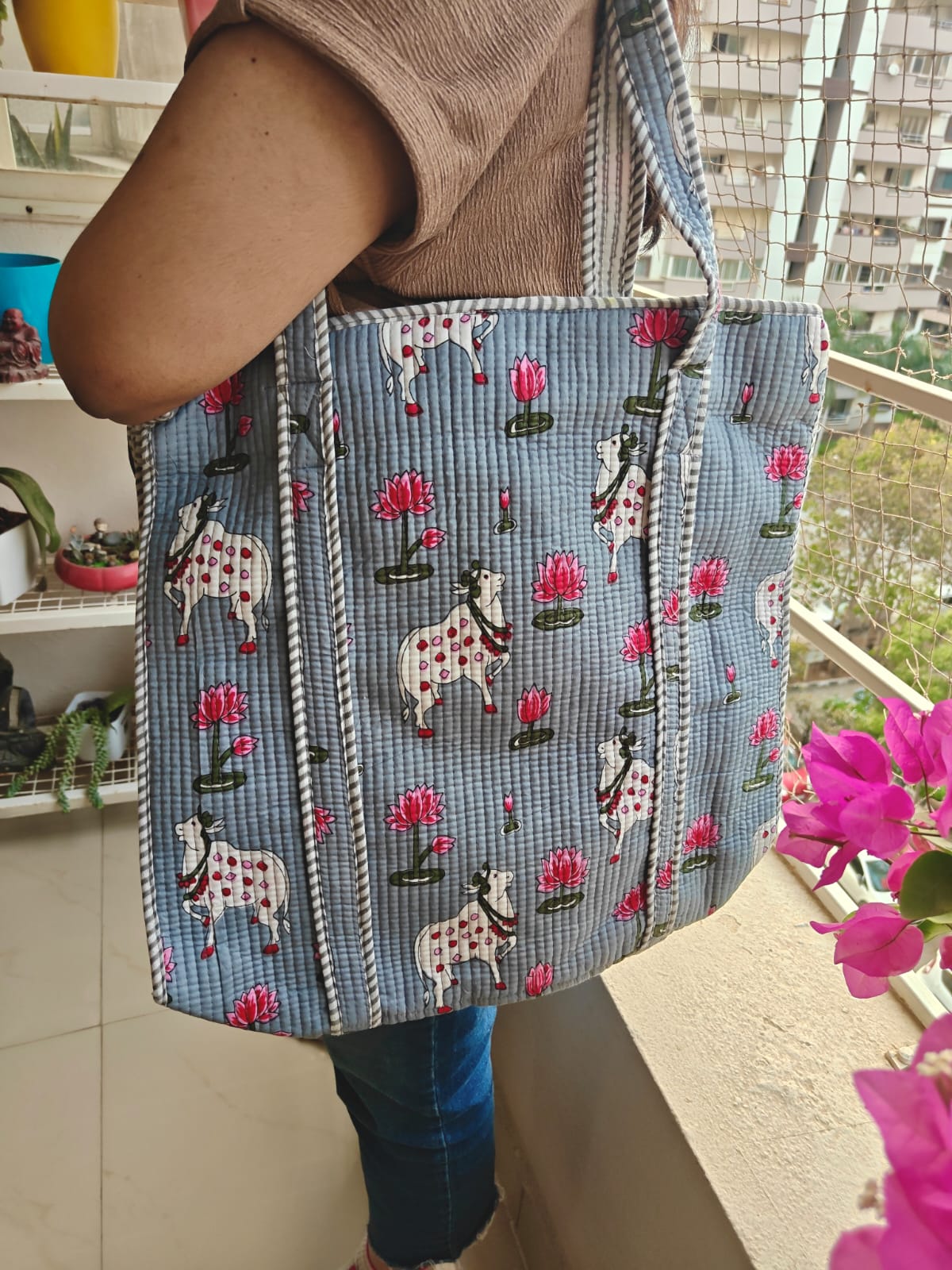 Pichwai Block print tote bag - Boho quilted women's bags  - Women's handbag - Grey Hand block Printed Quilted cotton Shoulder Bag