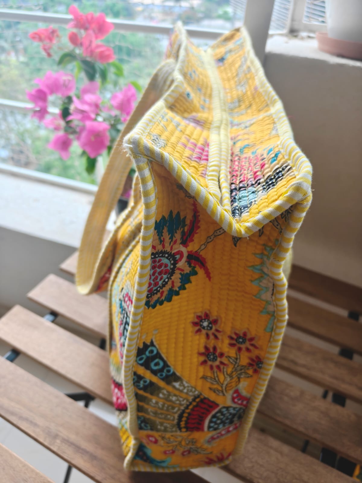 Yellow Floral Hand block Printed Quilted Tote Bag with concealed zip 15x 18x 5 inches
