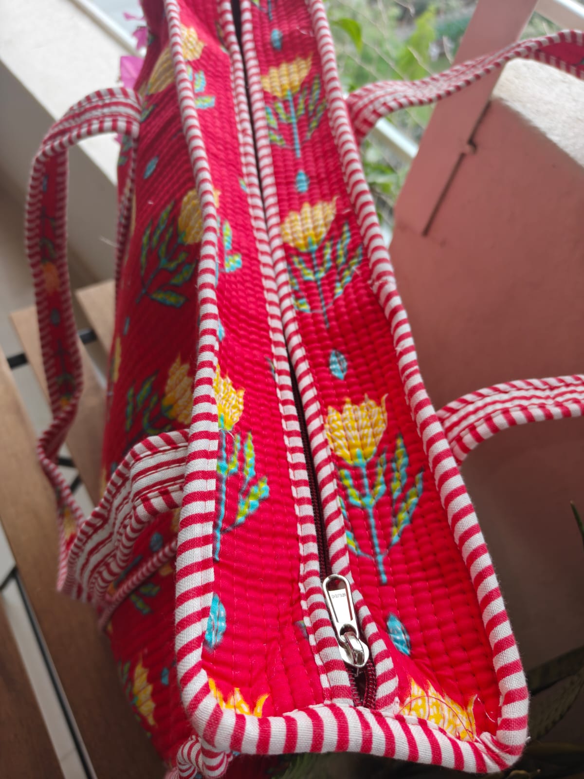 Bright Red Yellow Floral Hand block Printed Quilted Tote Bag  (Large With Zipper)