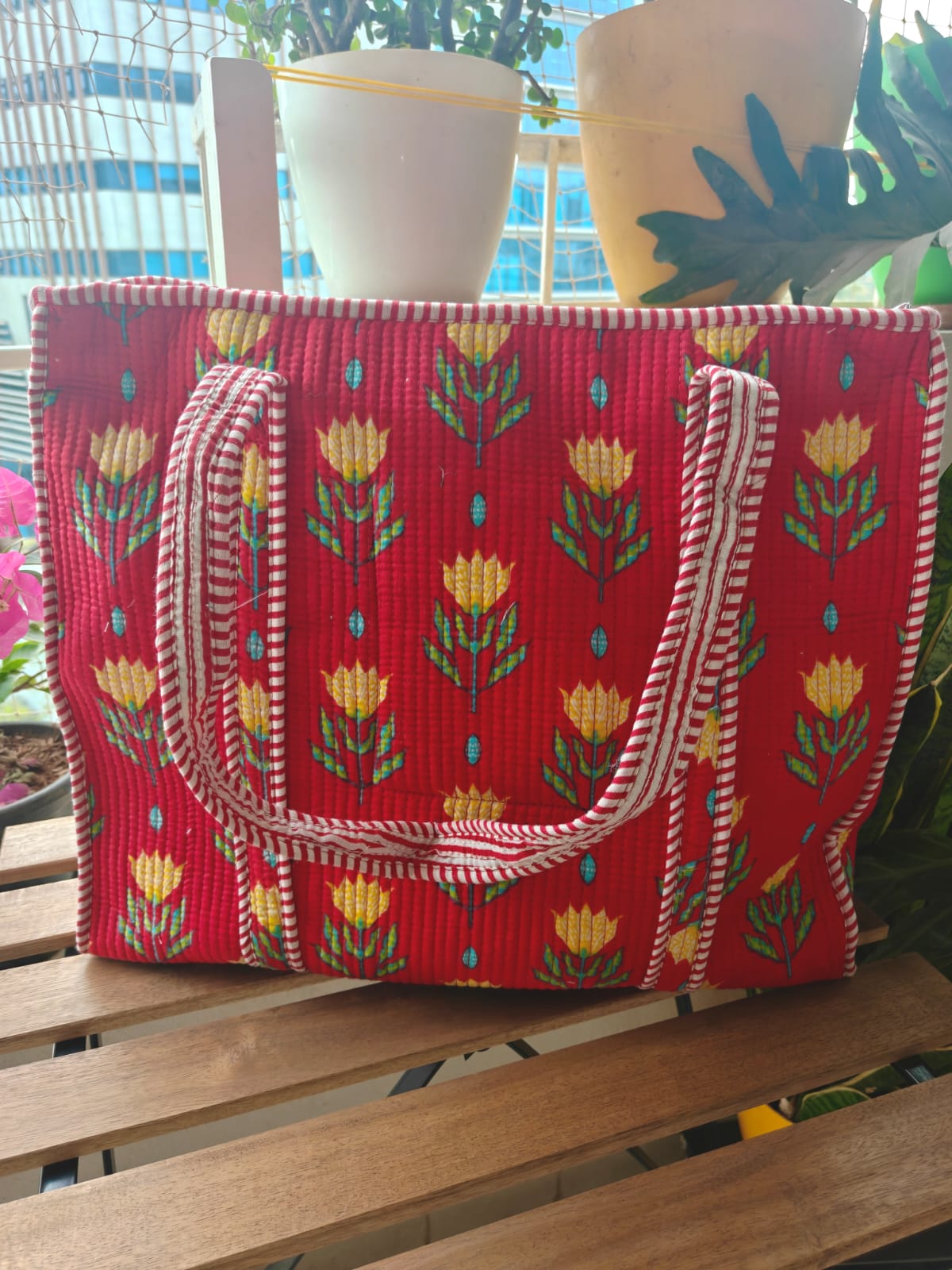 Bright Red Yellow Floral Hand block Printed Quilted Tote Bag  (Large With Zipper)