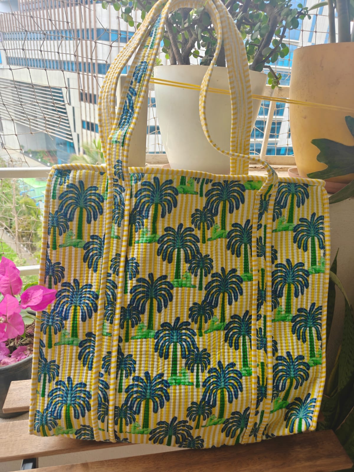 Striped Yellow Green Handblock Quilted Printed Tote Bag Palm Tree Shopping Bag For Girl Women