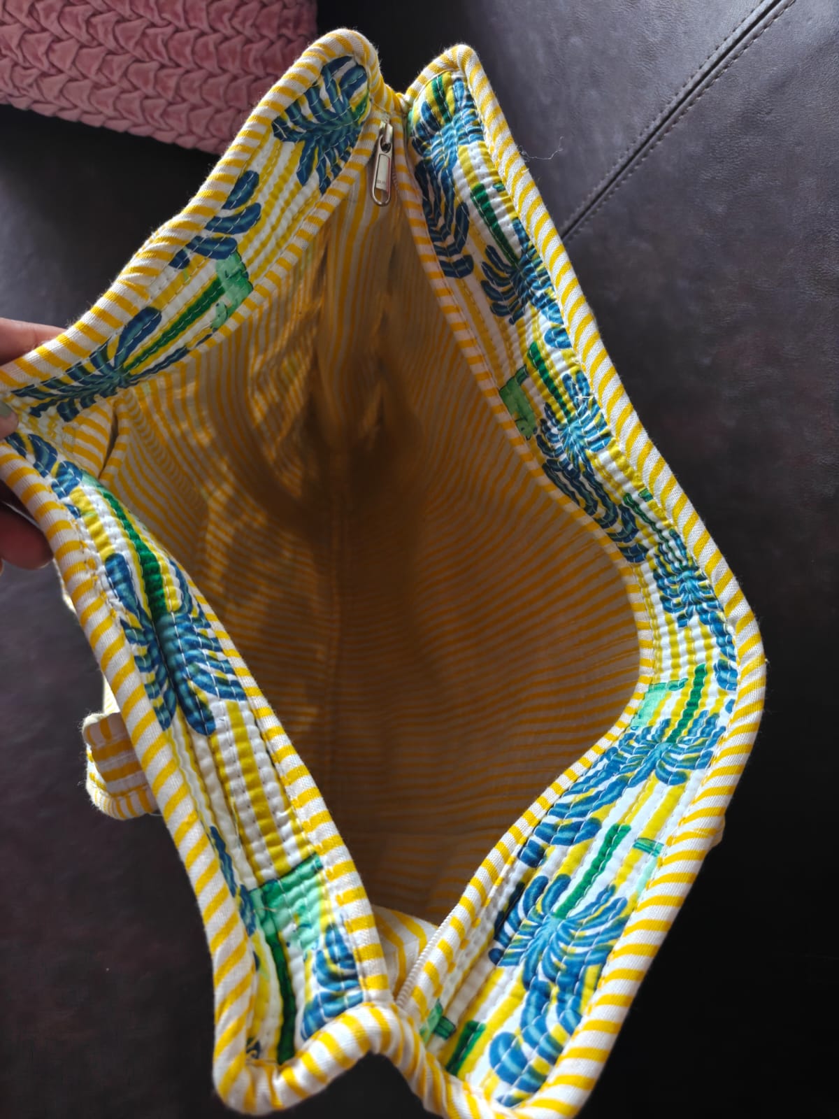 Striped Yellow Green Handblock Quilted Printed Tote Bag Palm Tree Shopping Bag For Girl Women