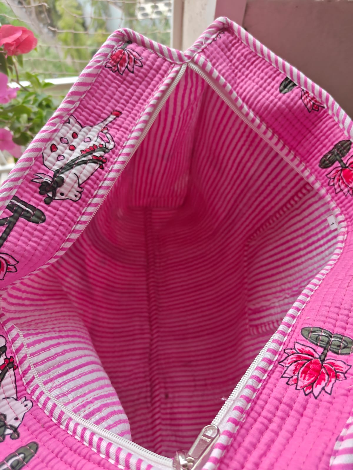 Pichwai Block print tote bag - Boho quilted women's bags - Women's handbag - Pink Hand block Printed Quilted cotton Shoulder Bag