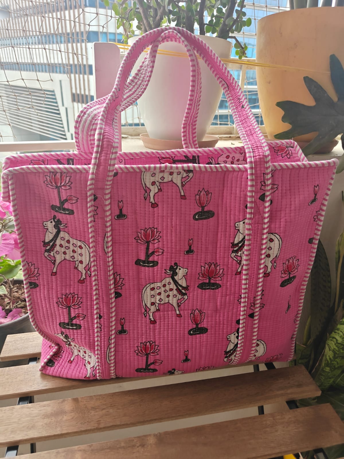 Pichwai Block print tote bag - Boho quilted women's bags - Women's handbag - Pink Hand block Printed Quilted cotton Shoulder Bag