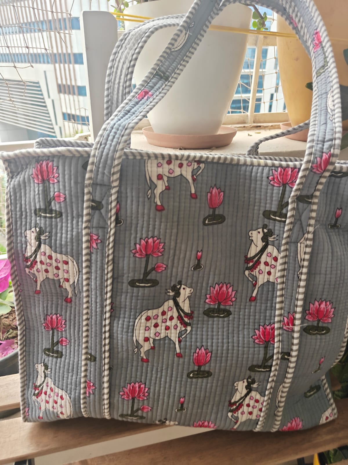 Pichwai Block print tote bag - Boho quilted women's bags  - Women's handbag - Grey Hand block Printed Quilted cotton Shoulder Bag