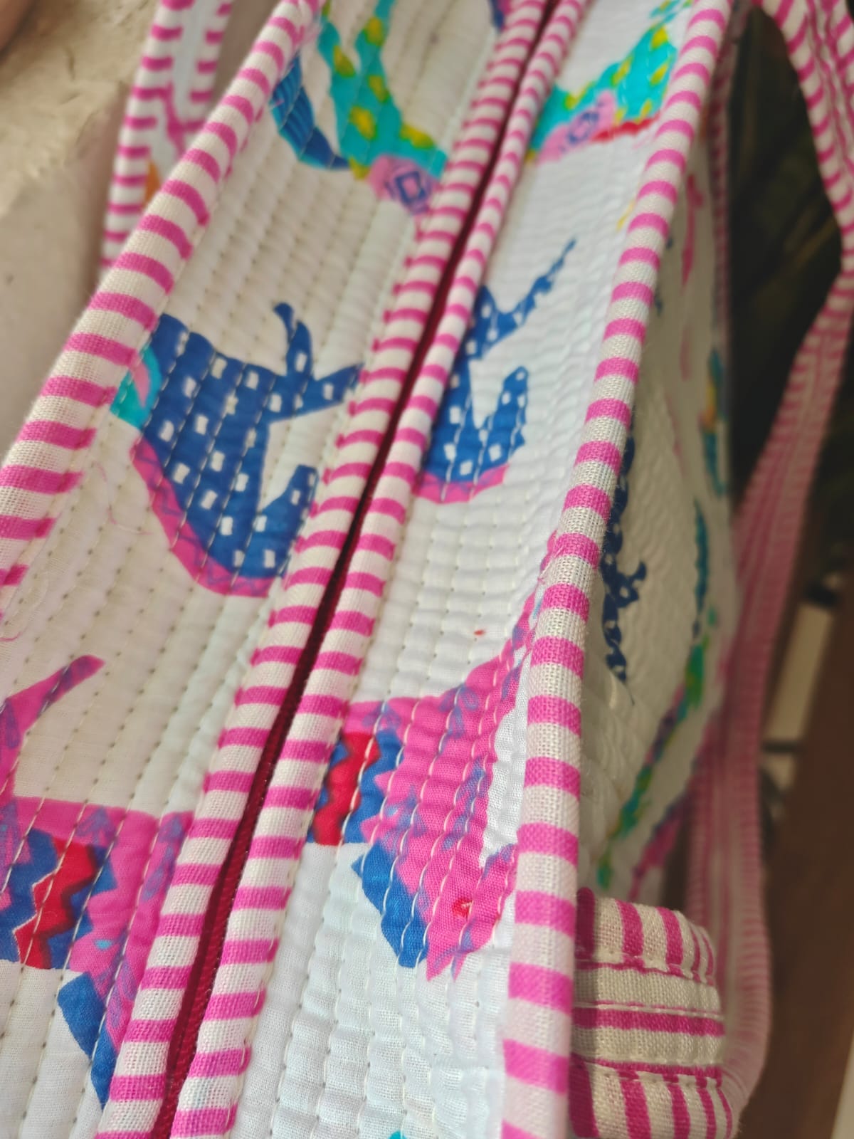 Designer Horses Handblock Printed Quilted Tote Bag with concealed zip 15x 18x 5 inches