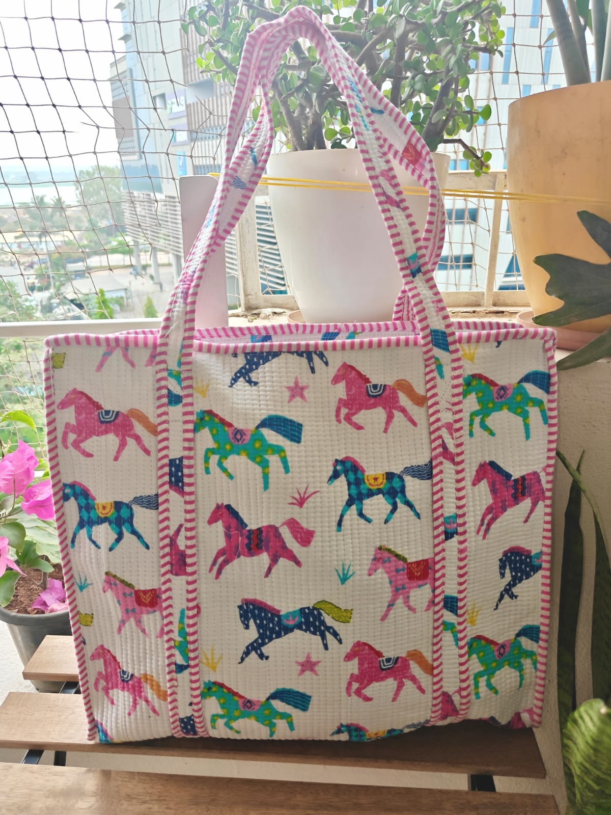 Designer Horses Handblock Printed Quilted Tote Bag with concealed zip 15x 18x 5 inches