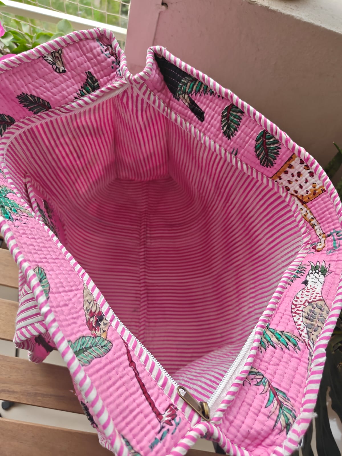 Women Ethnic Jungle Theme Hand Block Printed Shopper Tote Bag handbag - Pinkish Green