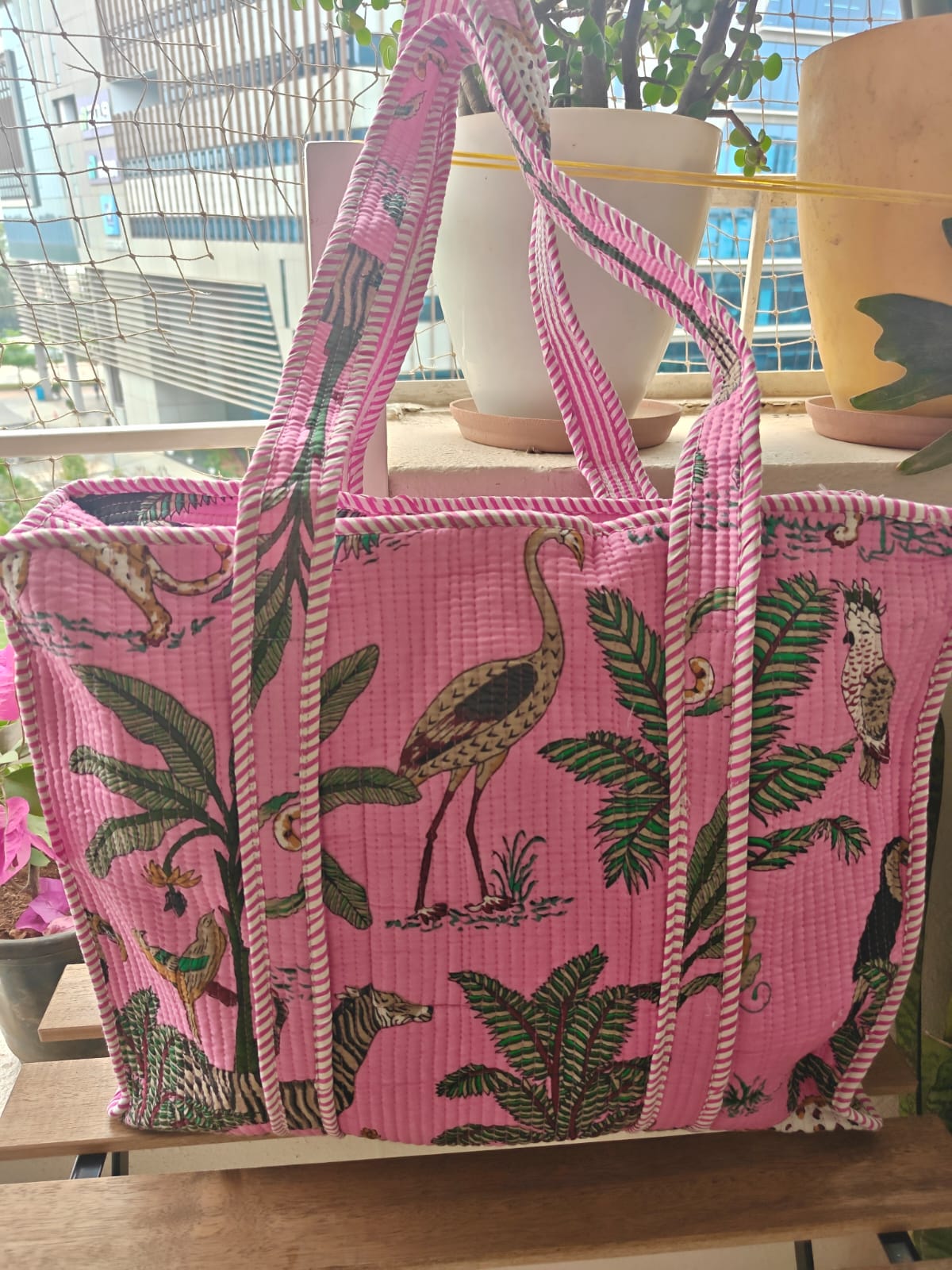 Women Ethnic Jungle Theme Hand Block Printed Shopper Tote Bag handbag - Pinkish Green