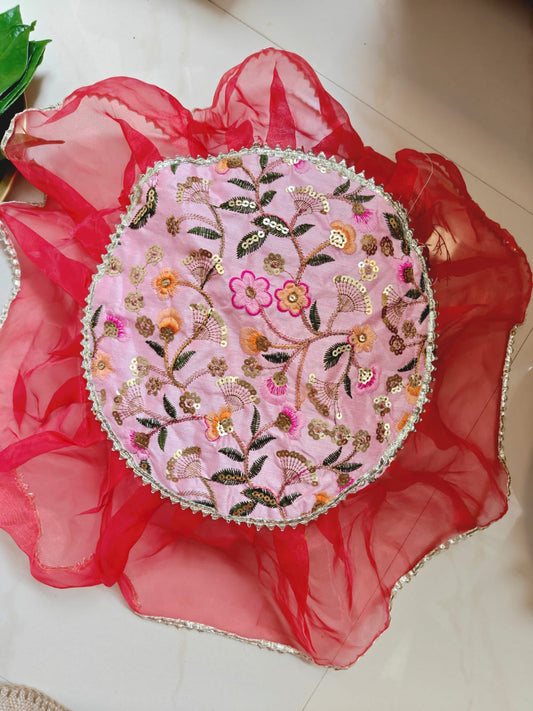 Decorative Red Pink Embriodered Golden Organza Gota Patti Thalposh/Thali Cover