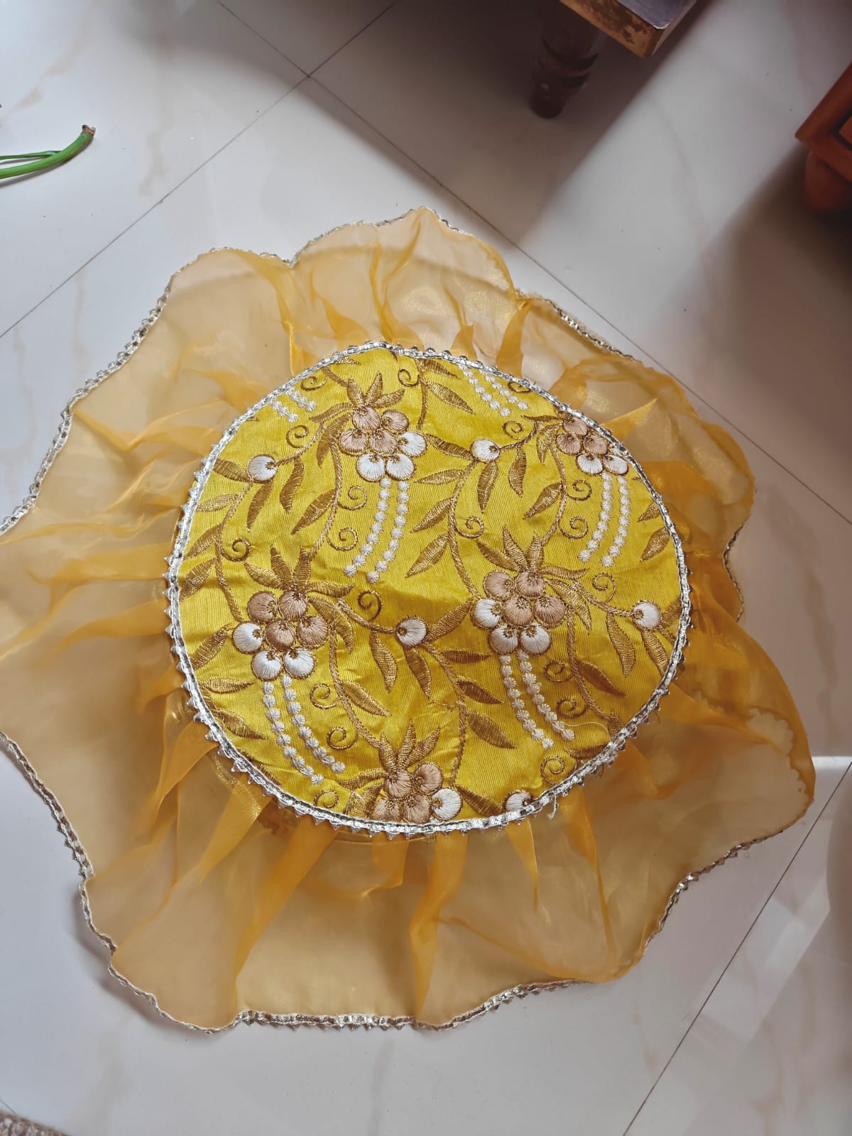 Decorative Yellow Silver Golden Organza Gota Patti Thalposh/Thali Cover