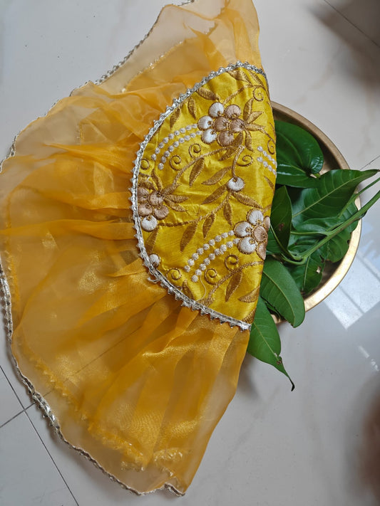 Decorative Yellow Silver Golden Organza Gota Patti Thalposh/Thali Cover