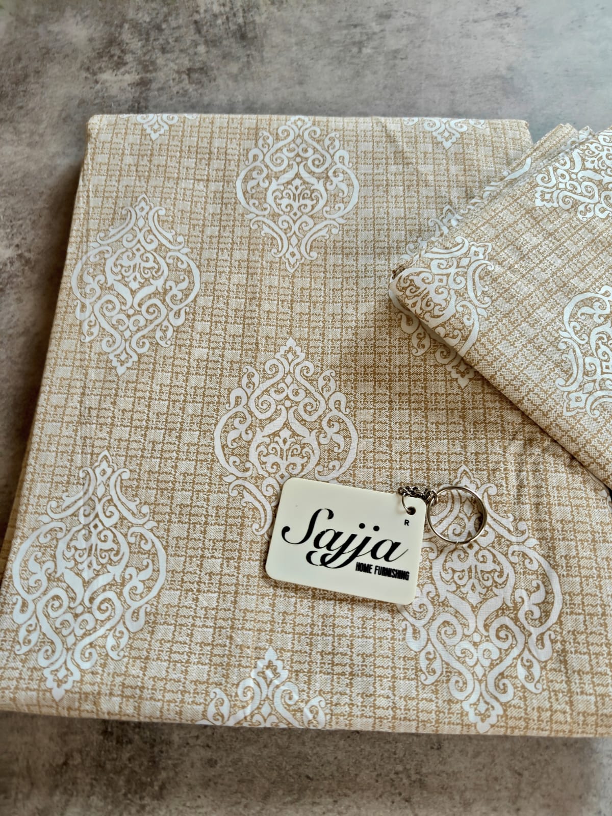 Tang Dynasty inspired Damask Pattern Beige Double Bedsheet Queen 90 x100 inches