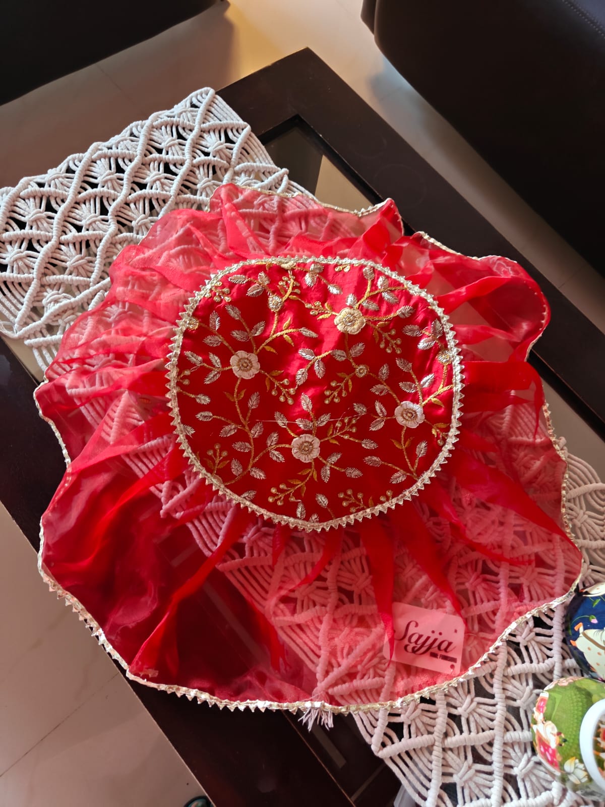 Decorative Red Embriodered Golden Silver Organza Gota Patti Thalposh/Thali Cover