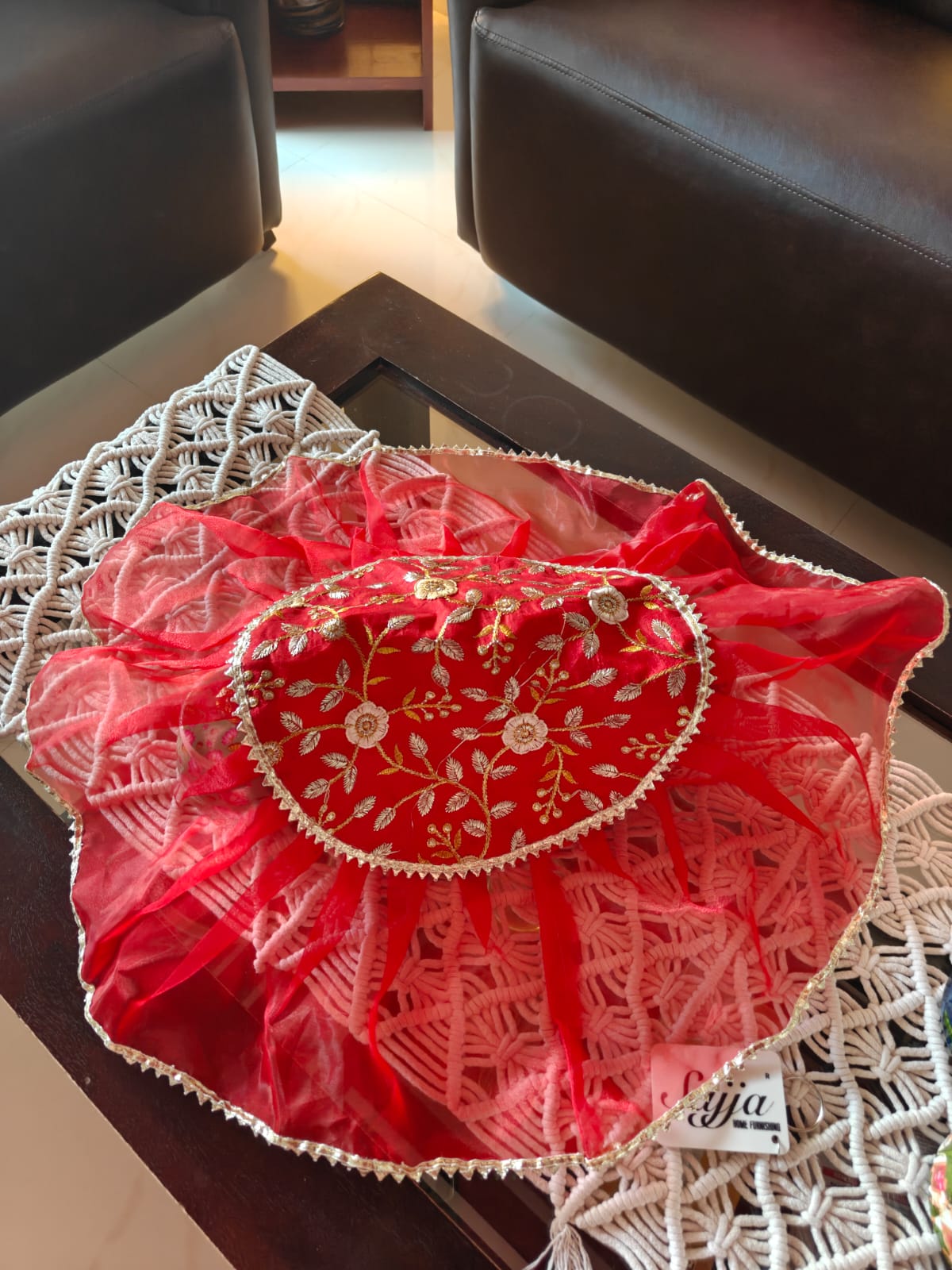 Decorative Red Embriodered Golden Silver Organza Gota Patti Thalposh/Thali Cover