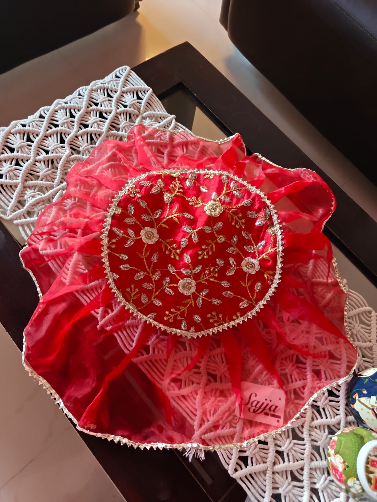 Decorative Red Embriodered Golden Silver Organza Gota Patti Thalposh/Thali Cover