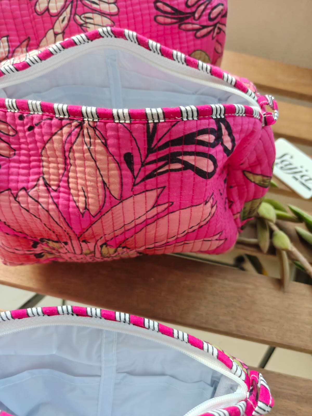 Pretty Pink Hand Block Print Floral Toiletry Multiuse Cotton Pouches Set of 3 Make up bags