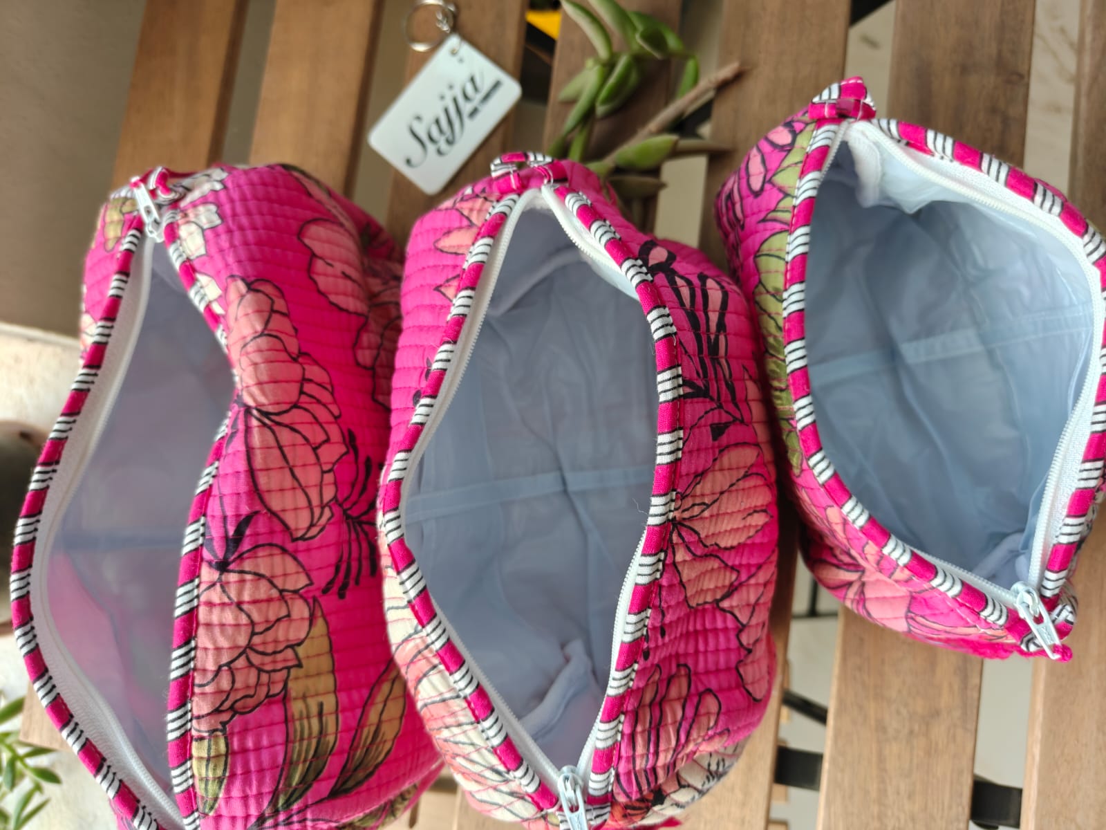 Pretty Pink Hand Block Print Floral Toiletry Multiuse Cotton Pouches Set of 3 Make up bags
