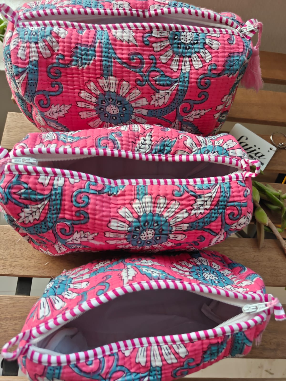 Buy Pouches Online Pink Bluish Hand block printed Water Resistant Cosmetic Pouch Set of 3