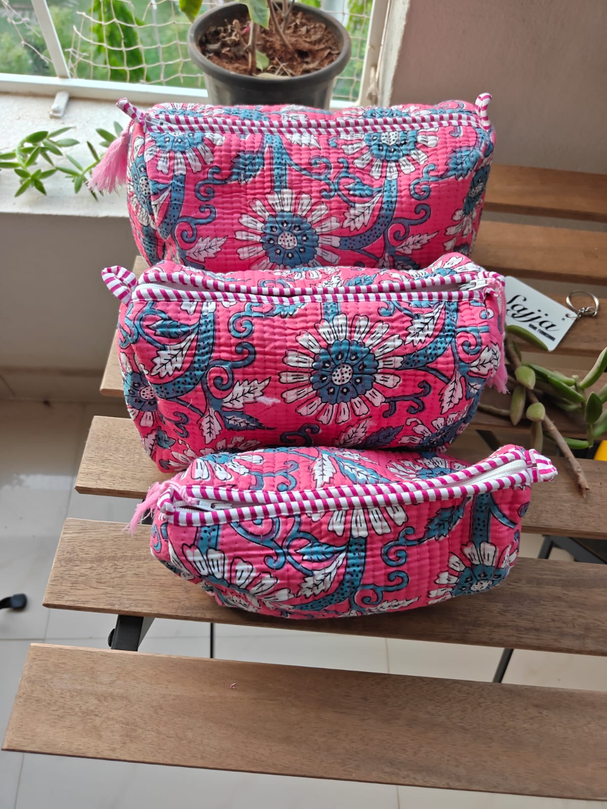 Buy Pouches Online Pink Bluish Hand block printed Water Resistant Cosmetic Pouch Set of 3