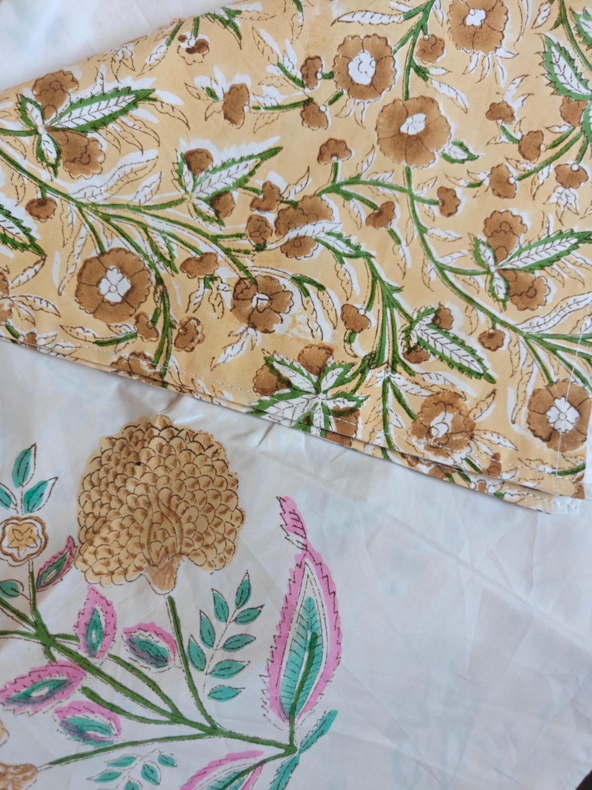 Premium Percale Hand Block Cotton King Bedsheet Yellow Floral 108 inches x 108 inches