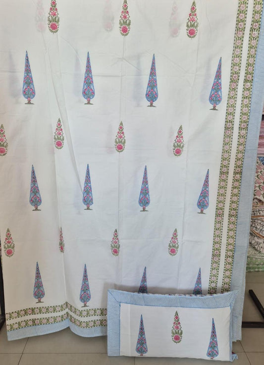 Luxury Collection Blue Premium Percale Cotton Hand Block Mughal bagh Kinar Double Bed King Bedsheet 9f x 9f