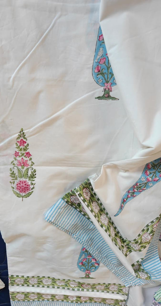 Luxury Collection Blue Premium Percale Cotton Hand Block Mughal bagh Kinar Double Bed King Bedsheet 9f x 9f